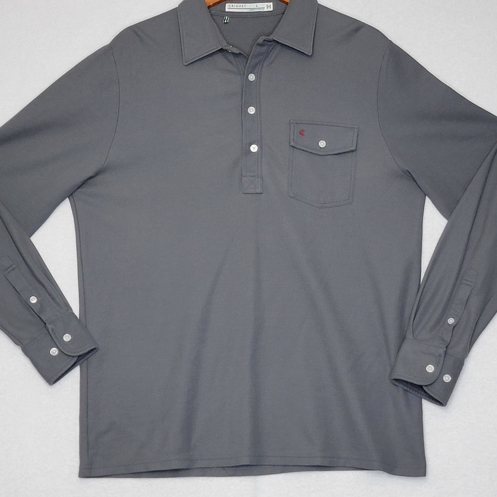 Criquet Mens Long Sleeve Pique Polo Shirt Gray Size L Button Pocket Austin TX